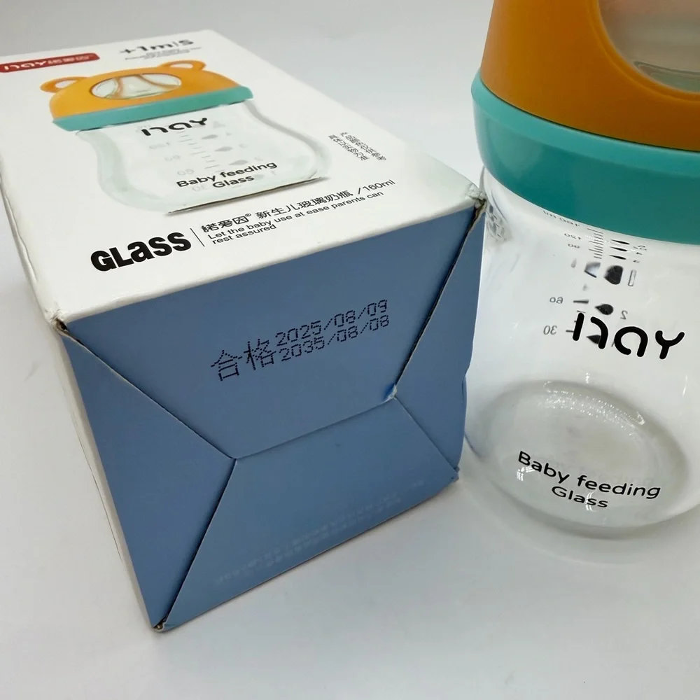 Glass Baby Bottle INAY- Cute Bear Head Design - 160ml - +1 Month Size S Nipple